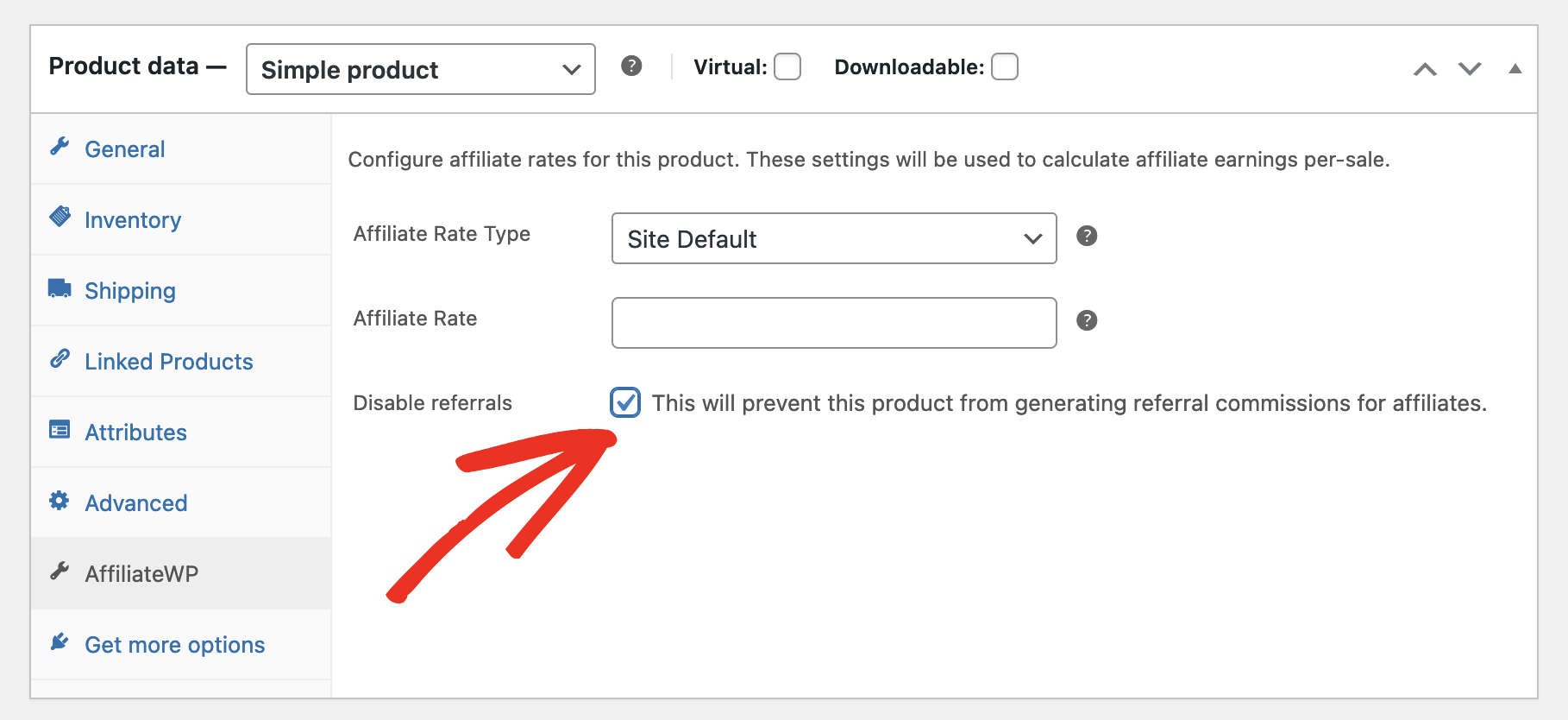 woocommerce product edit screen with Disable Referrals checked