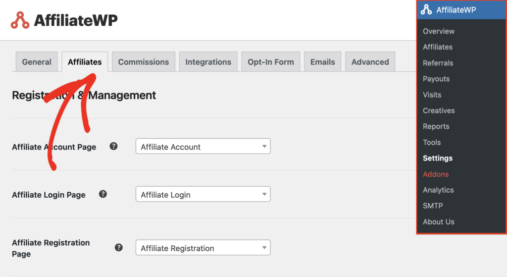 AffiliateWP admin settings 