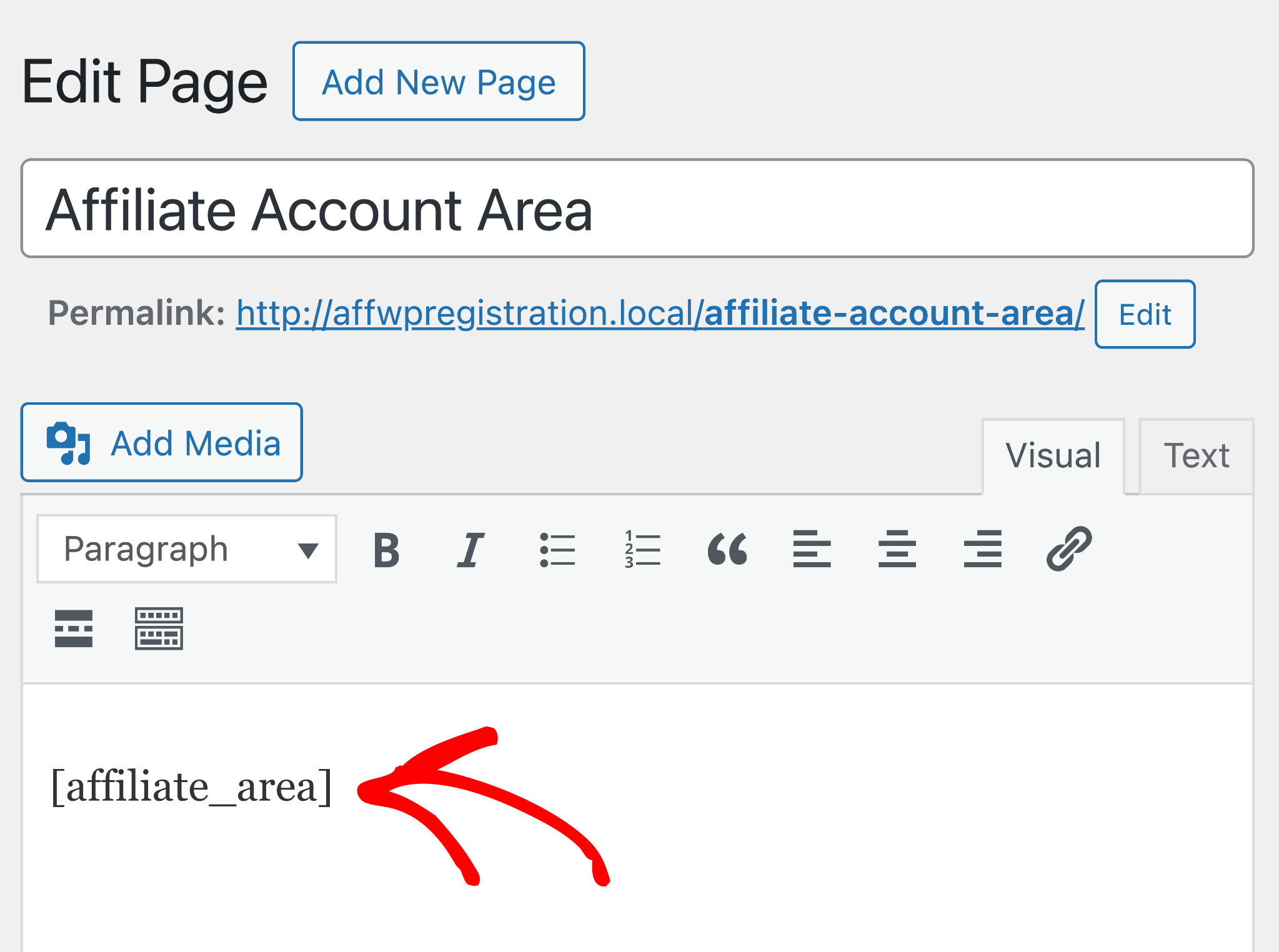 Affiliate area shortcode