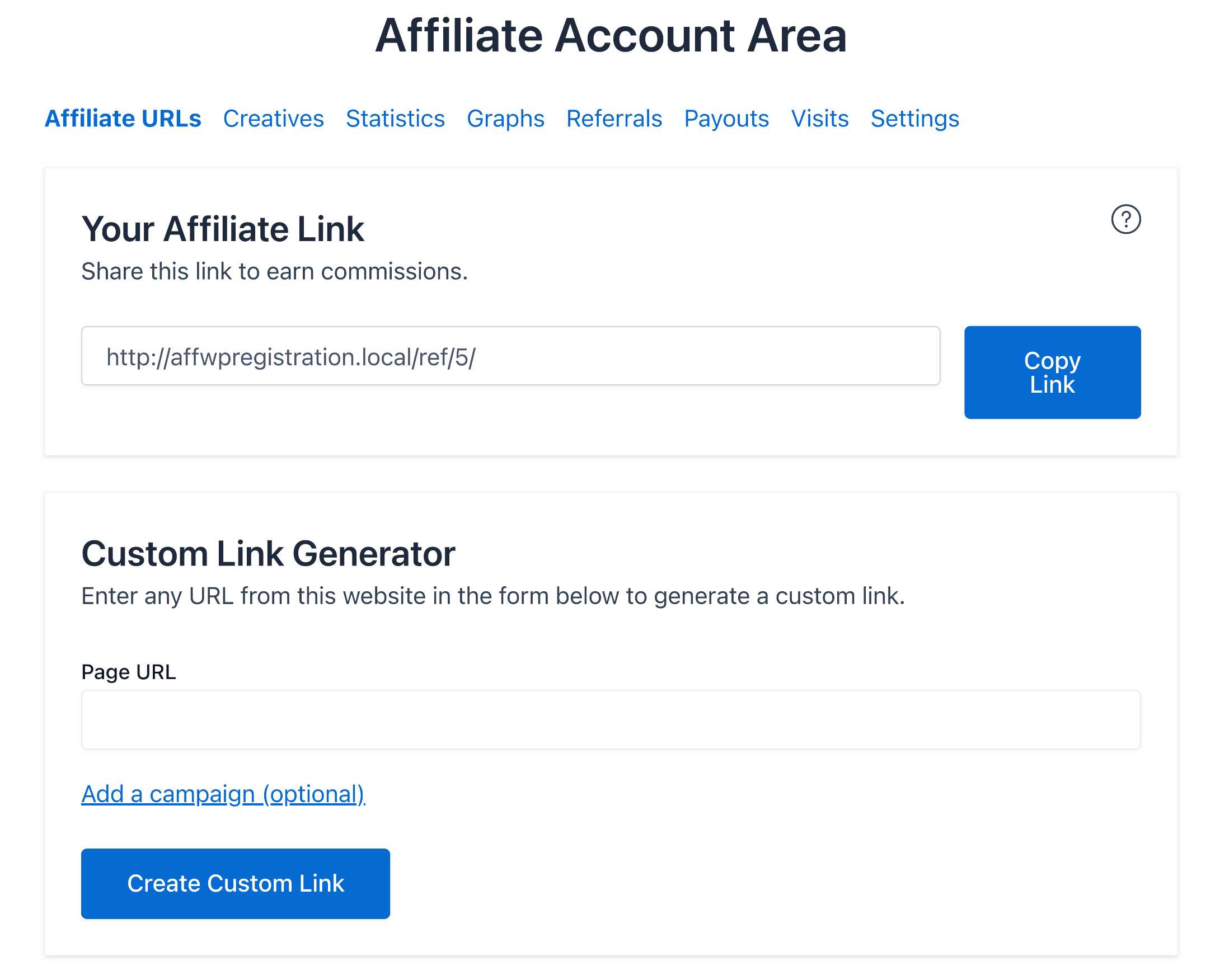 AffiliateWP accounts area frontend