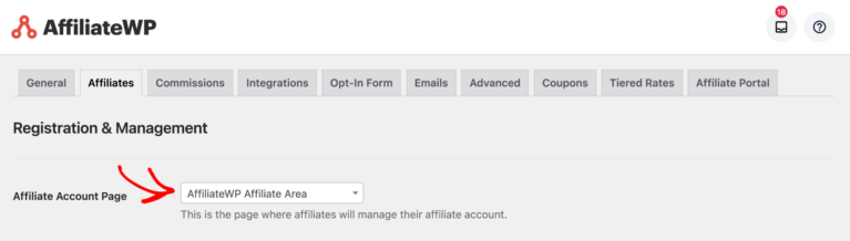 In the affiliate settings, choose the affiliate area from the dropdown