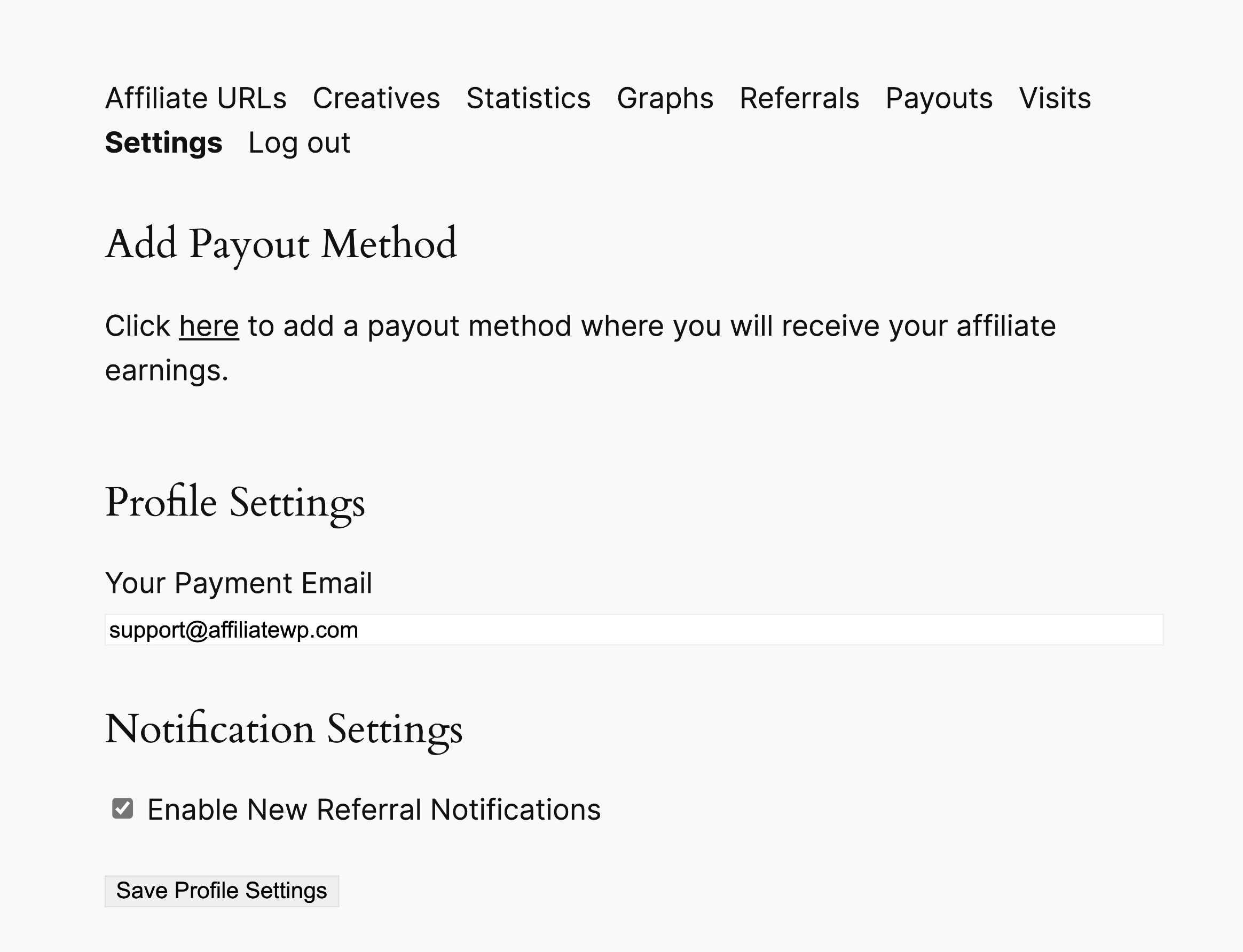 Affiliate Area Settings