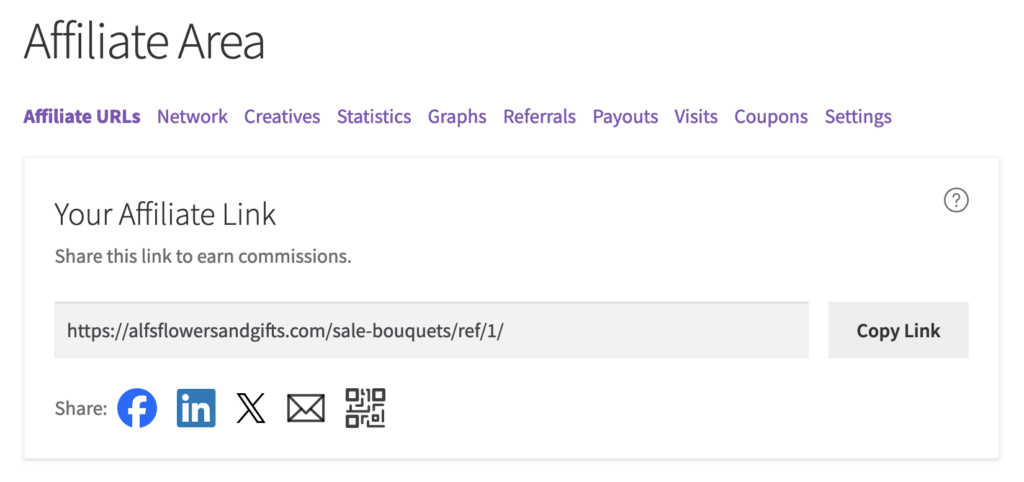 Affiliate URLs section of the Affiliate Area showing the sharing options below the affiliate's link