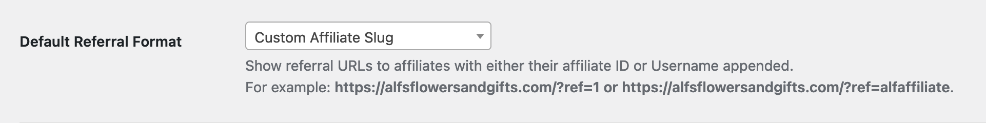 Default Referral Format setting set to Custom Affiliate Slug in AffiliateWP - Settings - Affiliates