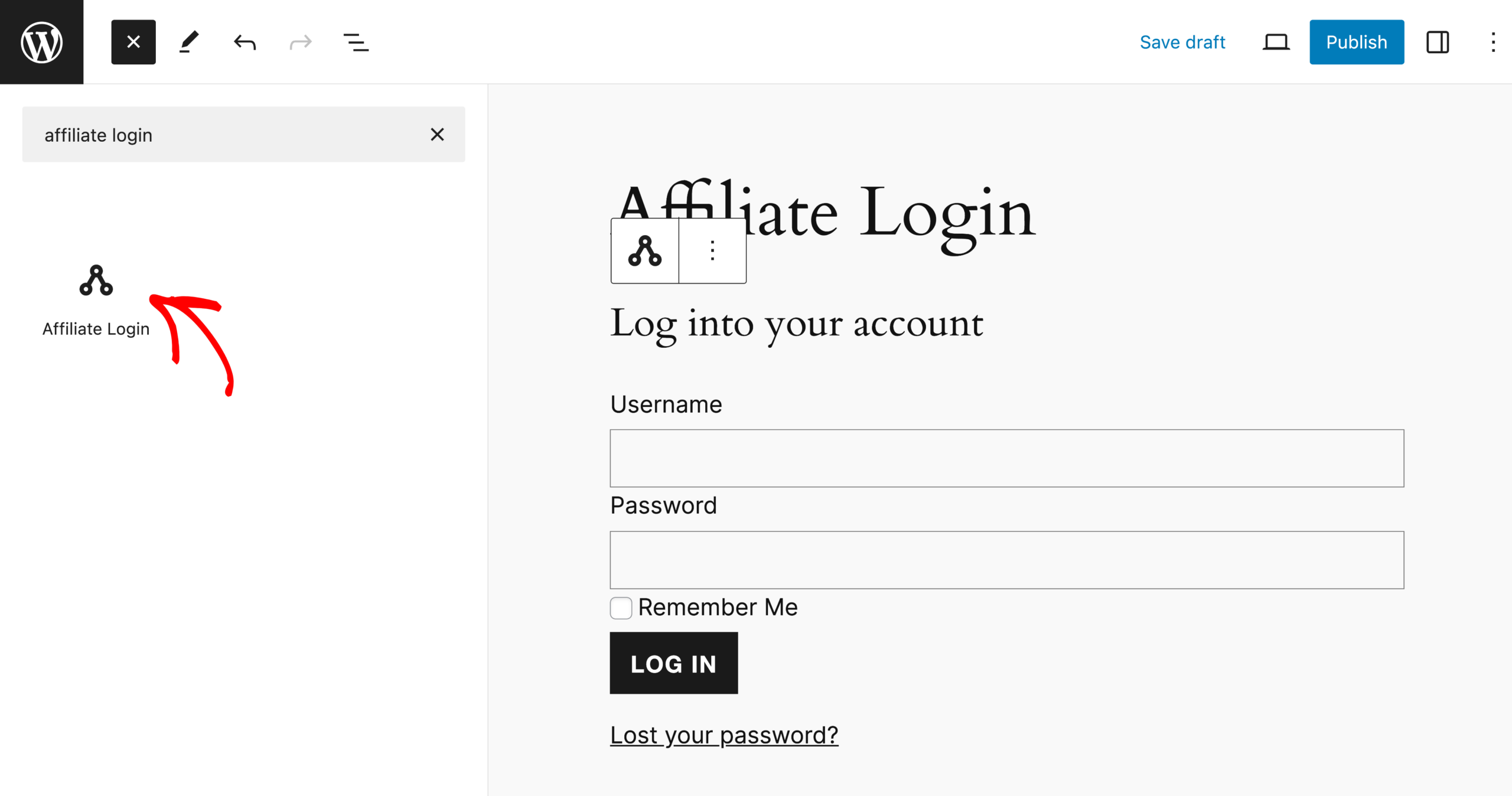 AffiliateWP login block