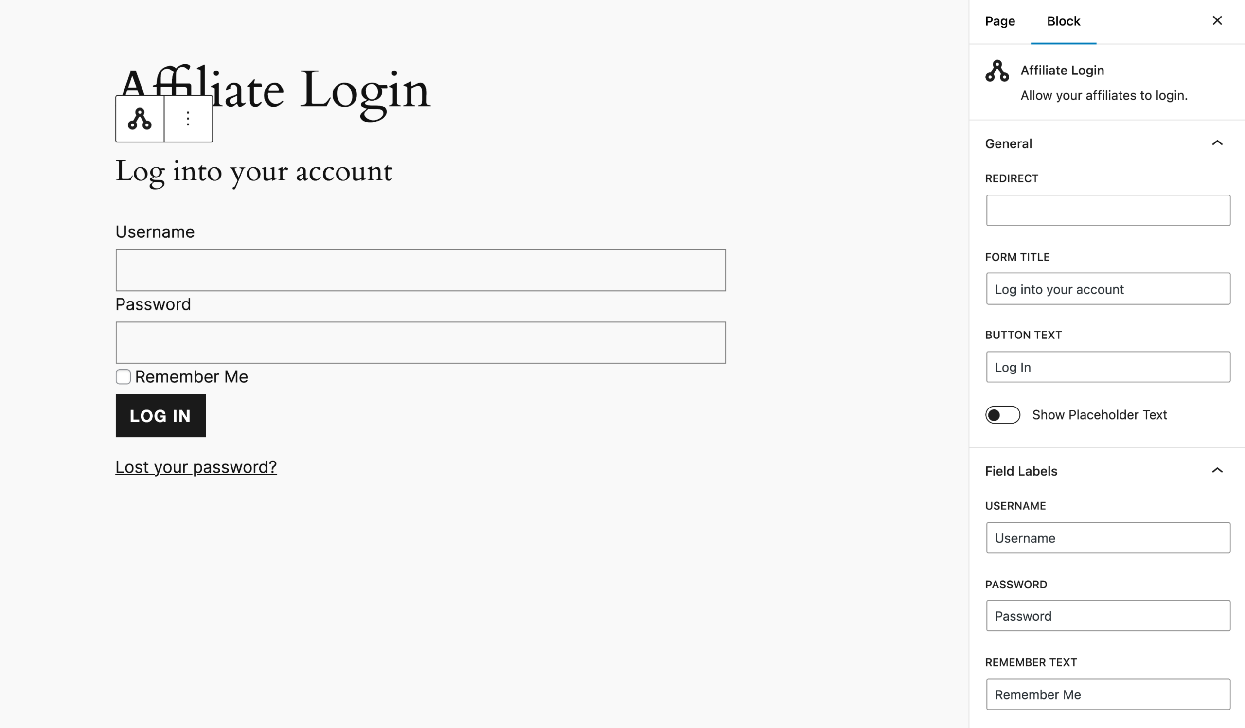 AffiliateWP login block field option