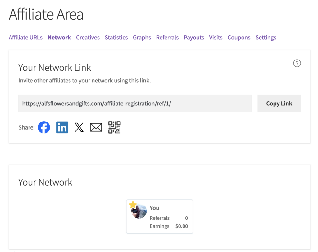 Multi-Tier Commissions Network page in the affiliate area showing the shared options