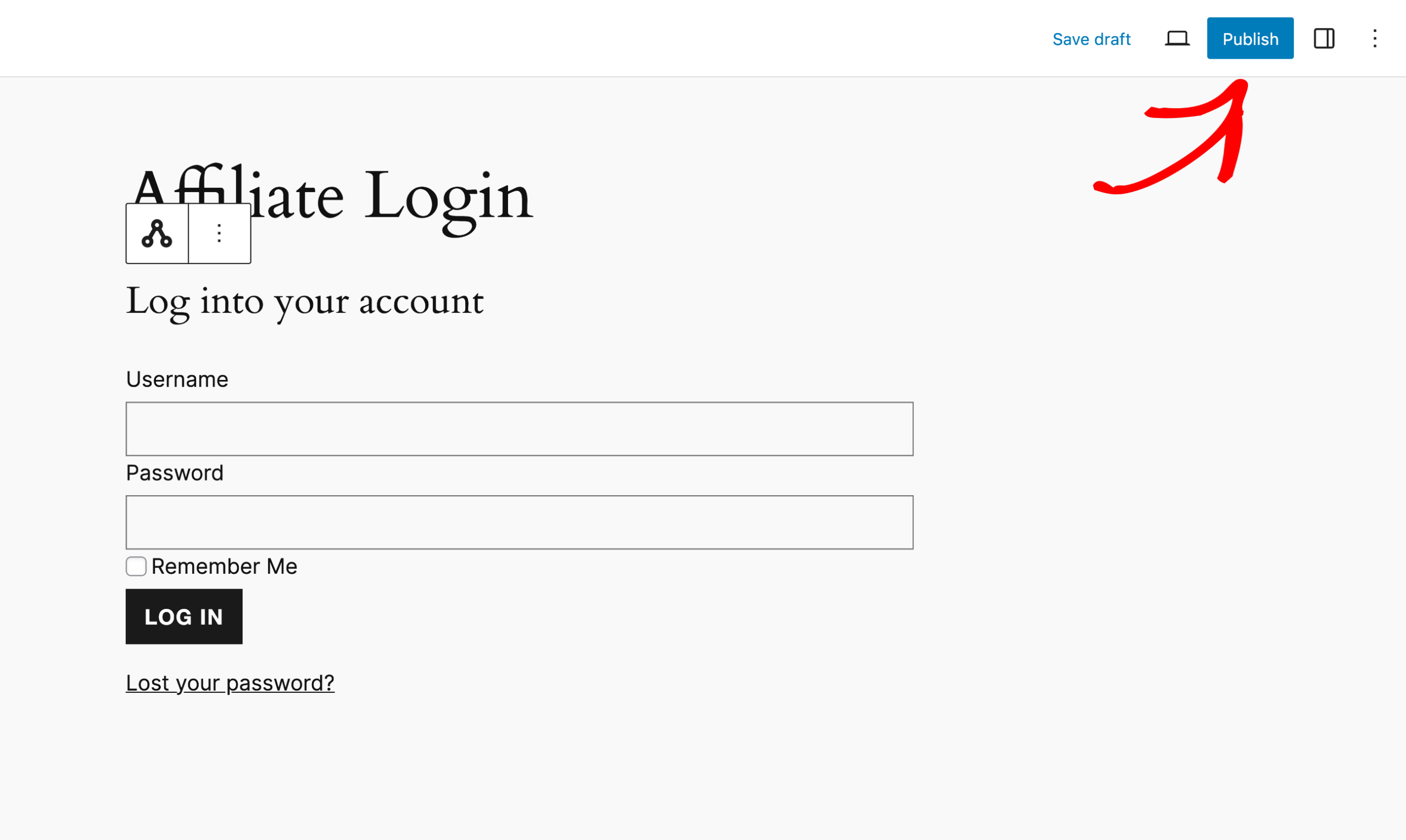 affiliate login page showing publish button to click