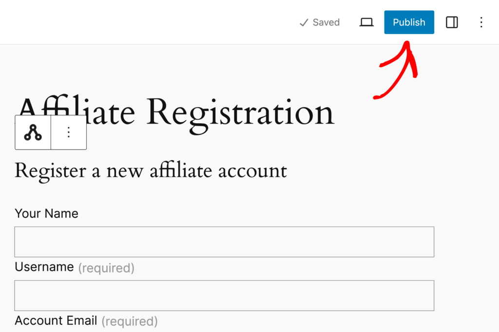 Publish Affiliate Registration form