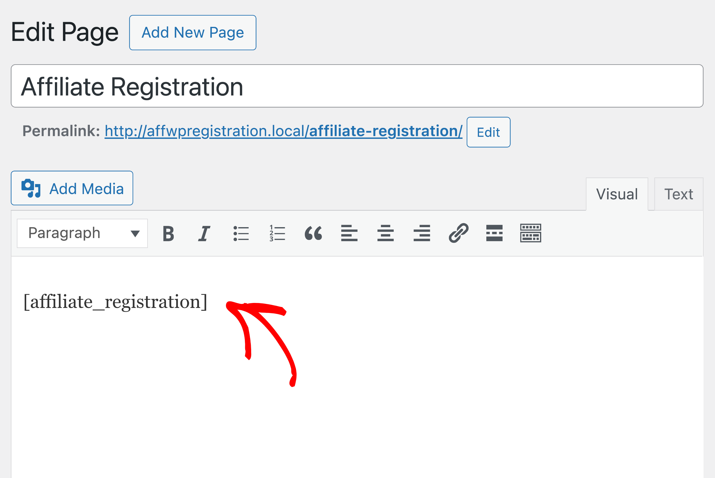 AffiliateWP registration shortcode