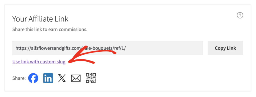 Your Affiliate Link section showing the toggle link for Use link with custom slug when the Default Referral Format is set to ID or Username