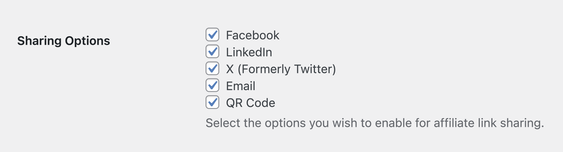 The sharing options available within the admin