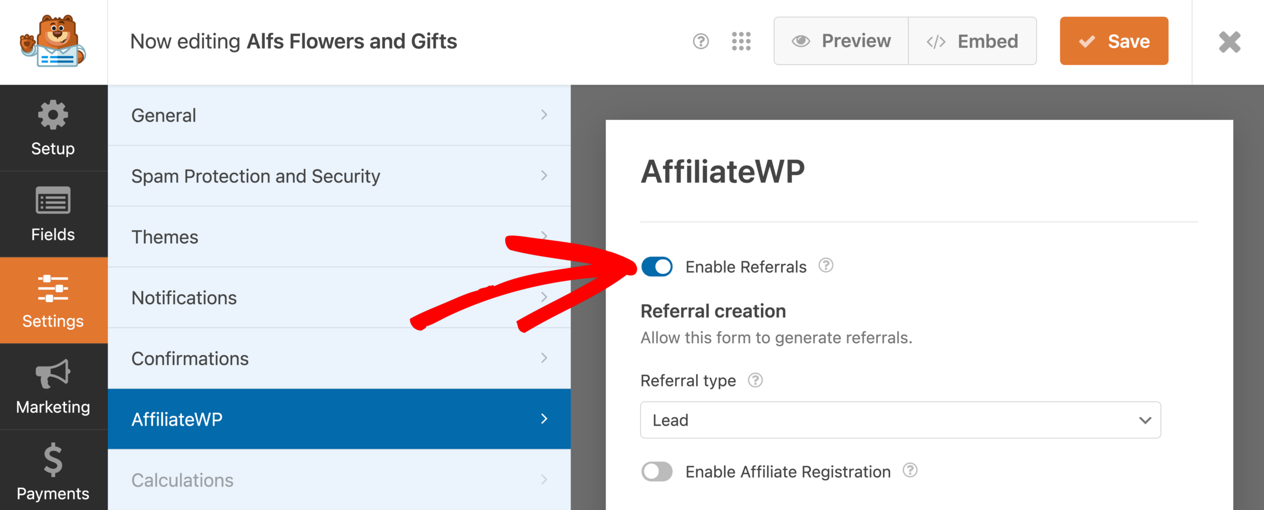 Enable referrals WPForms builder