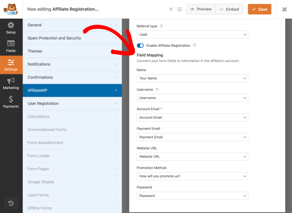 Field Mapping affiliate registration