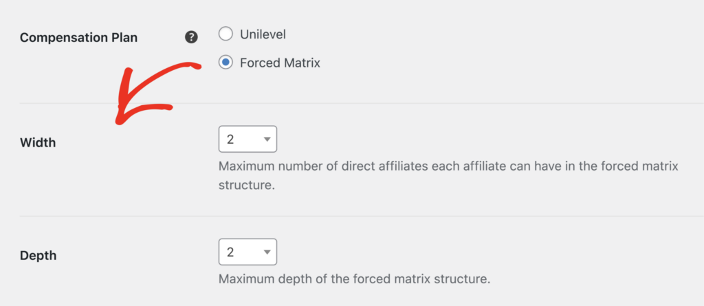 Width and Depth options for the Forced Matrix compensation plan
