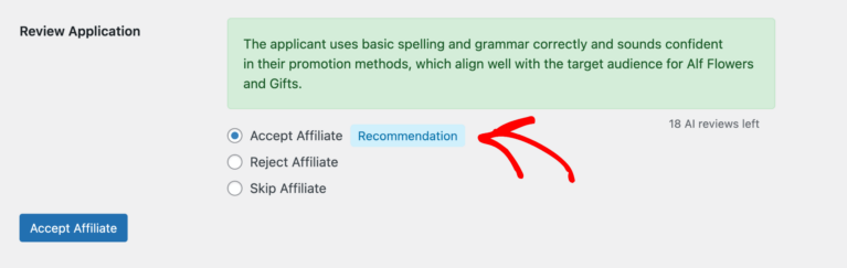 AI recommendation feature in AffiliateWP recommending the right affiliates
