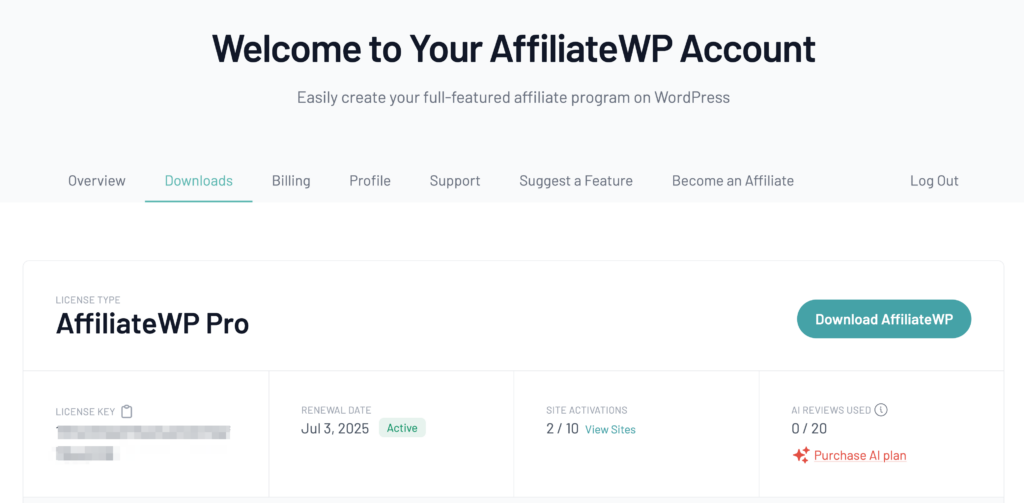 AffiliateWP account