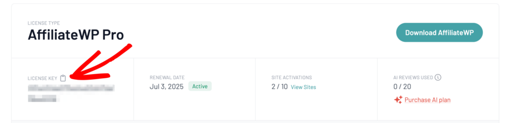 Copy AffiliateWP license key