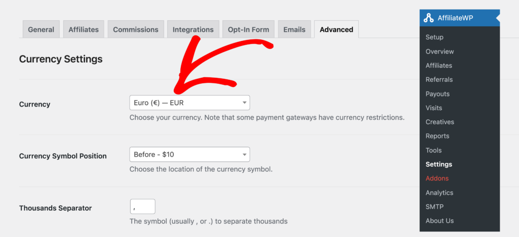 Set base currency in AffiliateWP