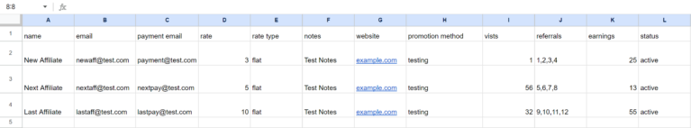 A screenshot of example spreadsheet containing affiliate data to be consumed by a Zapier action, then sent to AffiliateWP.