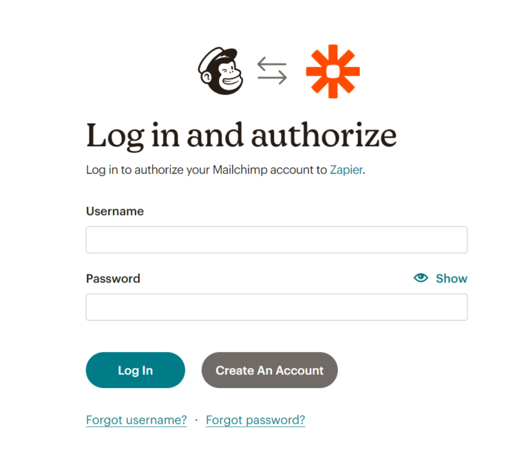 Connecting your Mailchimp account to your Zapier account, step 2.