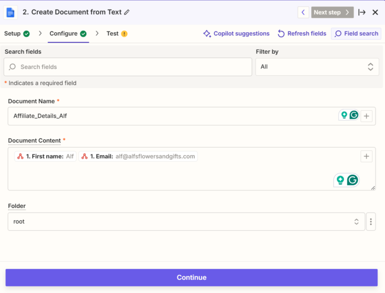 Zapier add affiliate data to test action