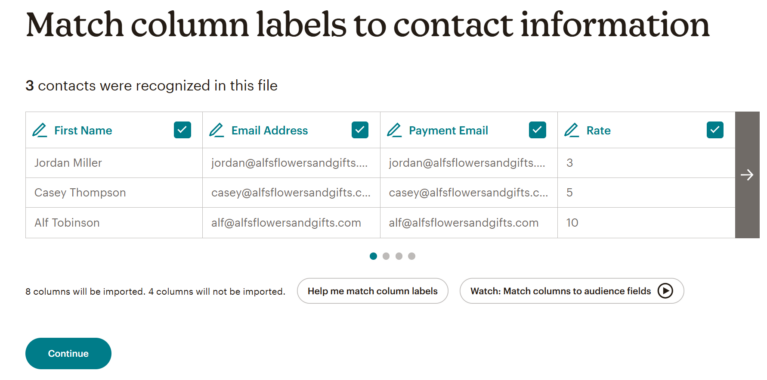 Column data matched in Mailchimp.