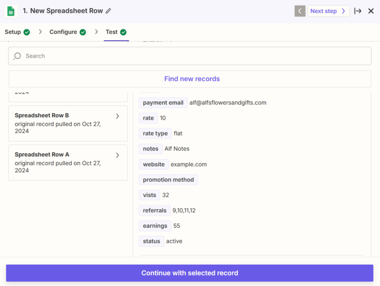 Zapier spreadsheet row found when testing