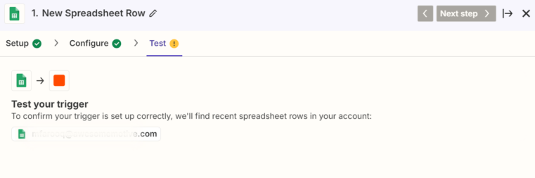 Zapier spreadsheet test trigger