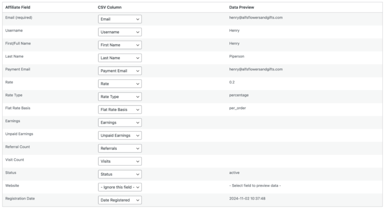 Import affiliates field mapping