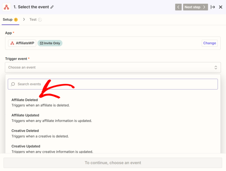 Select AffiliateWP event