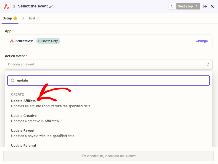 Selecting AffiliateWP as the action in a zap creation step.