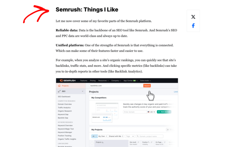 Backlinko did a great job showcasing how Semrush features helped him