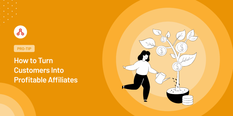 Cartão de artigo do AffiliateWP intitulado Como Transformar Clientes em Afiliados Lucrativos, com uma ilustração de alguém regando uma planta que cresce moedas.