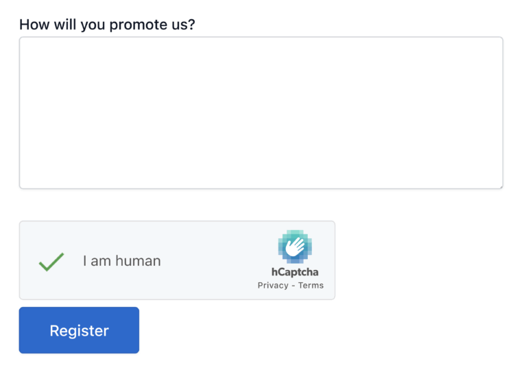 hCaptcha preventing affiliate spam on the registration form
