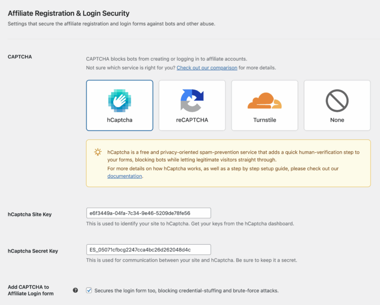 AffiliateWP settings showing new Multi-CAPTCHA options to stop affiliate spam