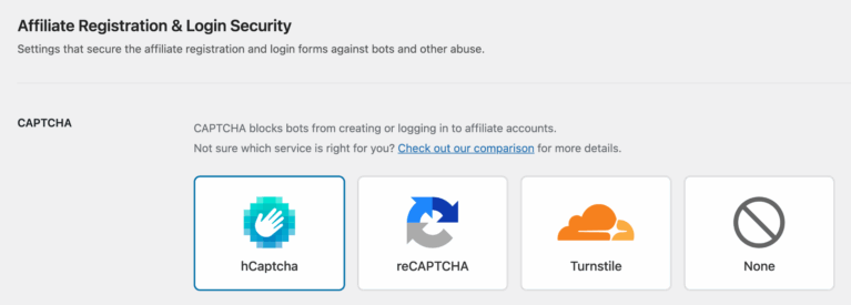 Three CAPTCHA provider options to stop affiliate spam - Google reCAPTCHA, hCaptcha, and Cloudflare Turnstile