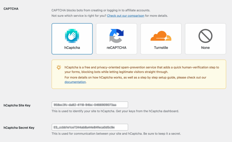 hCaptcha site and secret key