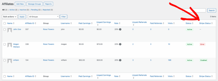 Stripe status column