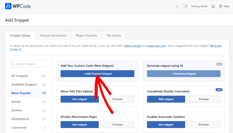 Click Add Custom Code Snippets