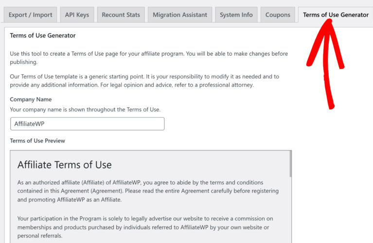Click on Terms of Use Generator