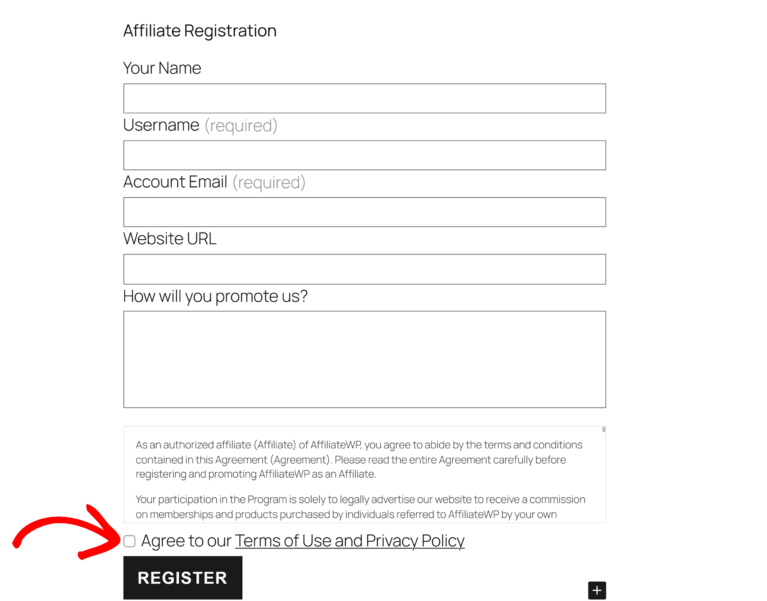 Terms of Use and Privacy Policy on the Registration Form