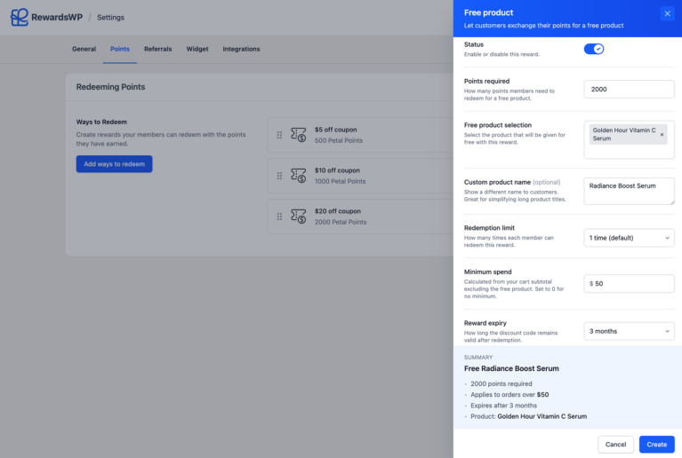 Free product reward options