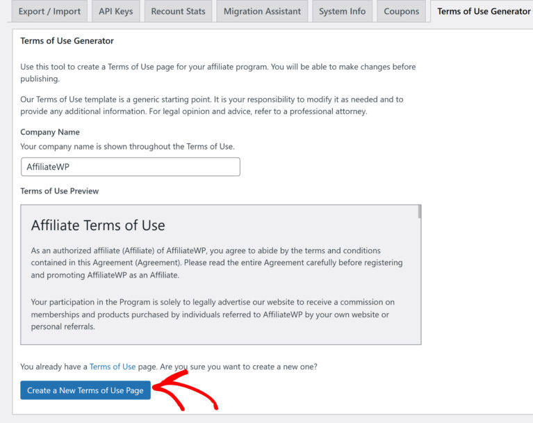 Create a New Terms of Use Page