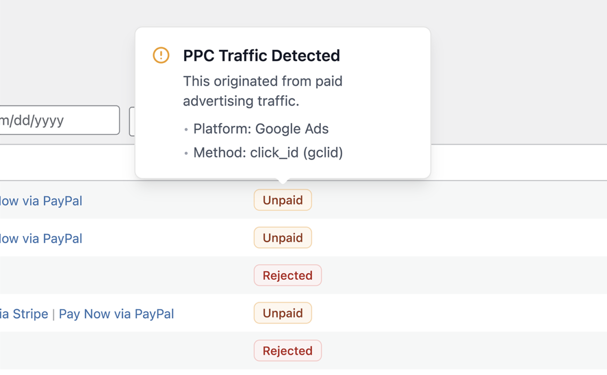 Lista de referencias de AffiliateWP que muestra una lista de estados de referencia y una información emergente que dice "Tráfico PPC Detectado" mostrando Plataforma: Google Ads y Método: click_id (gclid)