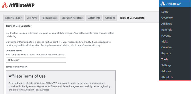 Navigate to WordPress Dashboard > AffiliateWP > Tools