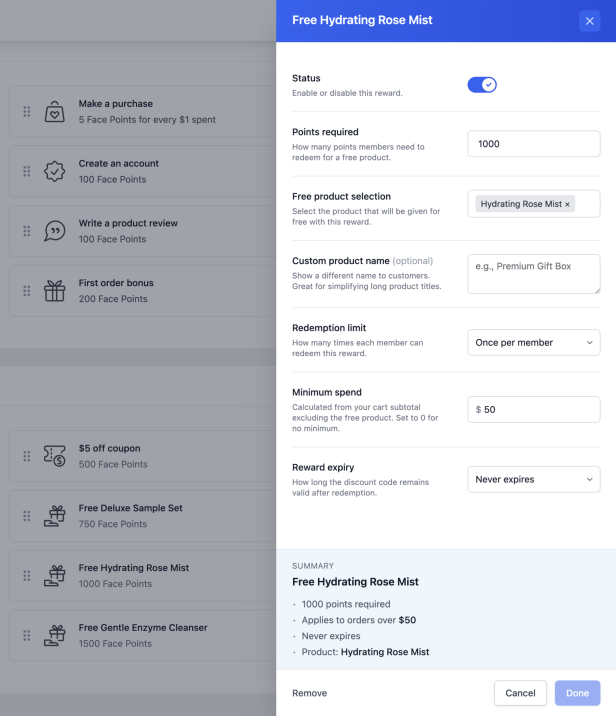 RewardsWP admin panel showing configuration options for a free product reward including points required, redemption limits, and minimum spend