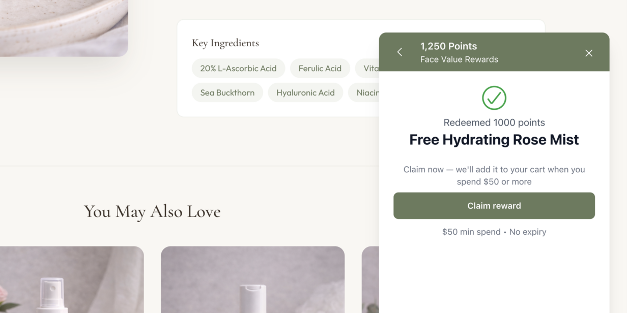 WooCommerce loyalty program widget showing claim reward button for a free product with minimum spend requirement