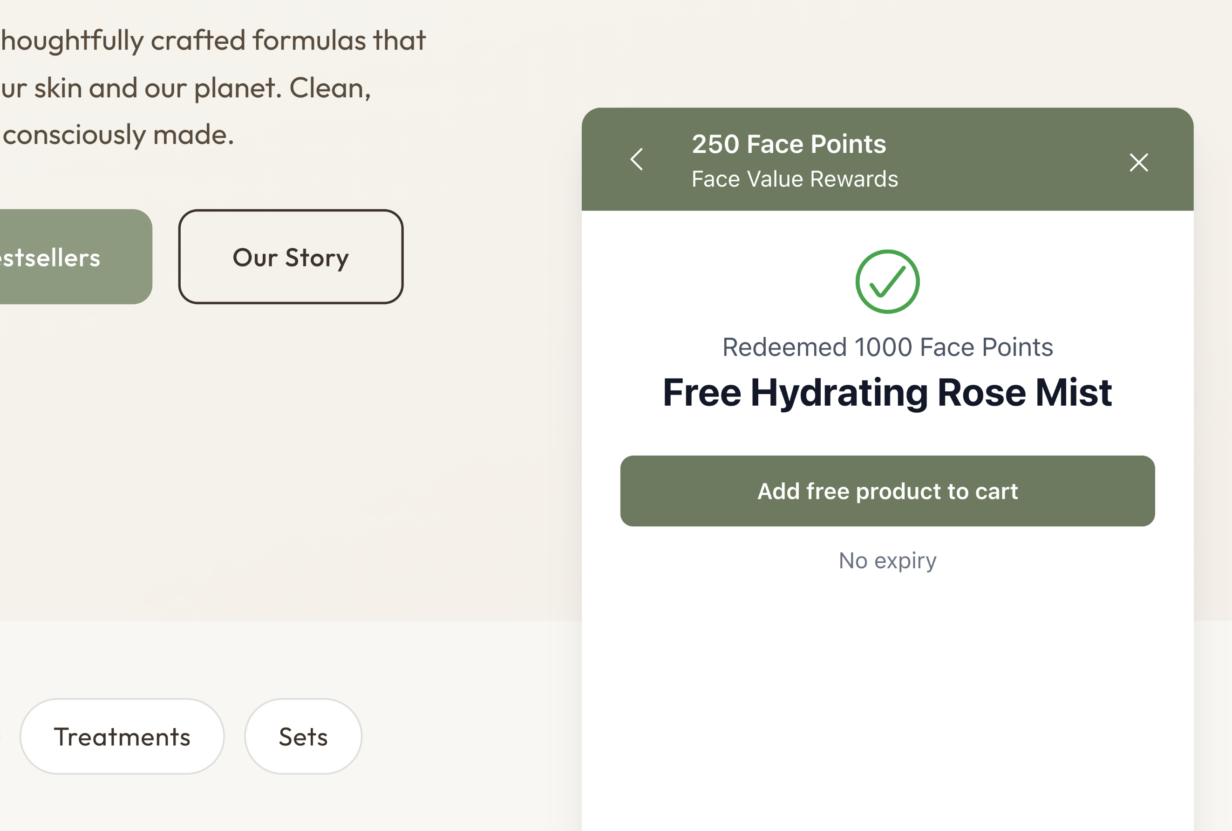 Confirmation screen showing a free product reward redeemed for 1000 points in a WooCommerce loyalty program