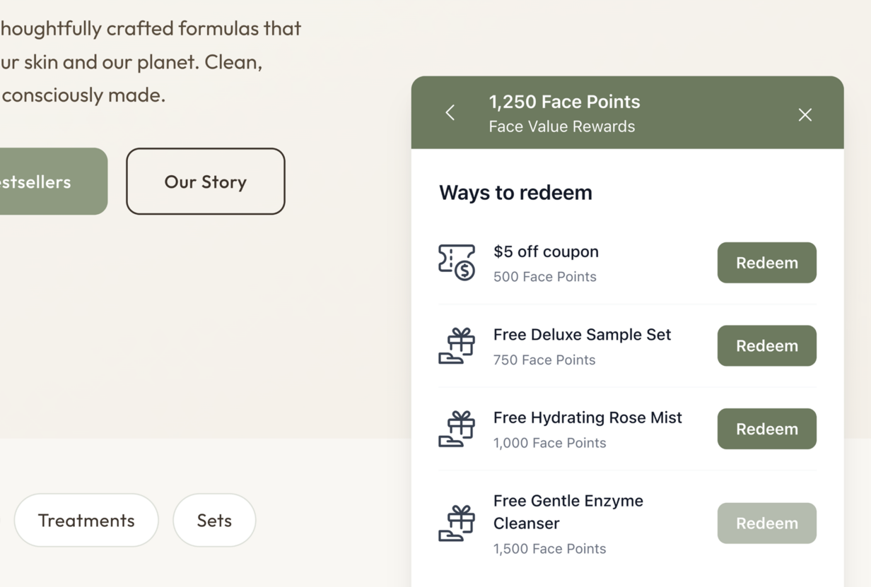 WooCommerce loyalty program widget showing free product rewards available for redemption alongside discount coupons